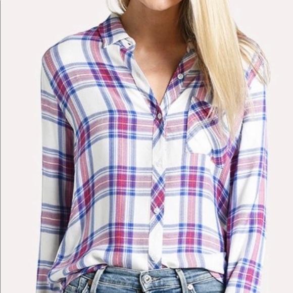 Rails Ivory Bluebell Pink Button Front Long Sleeve Hunter Plaid Shirt Size M - Picture 4 of 6